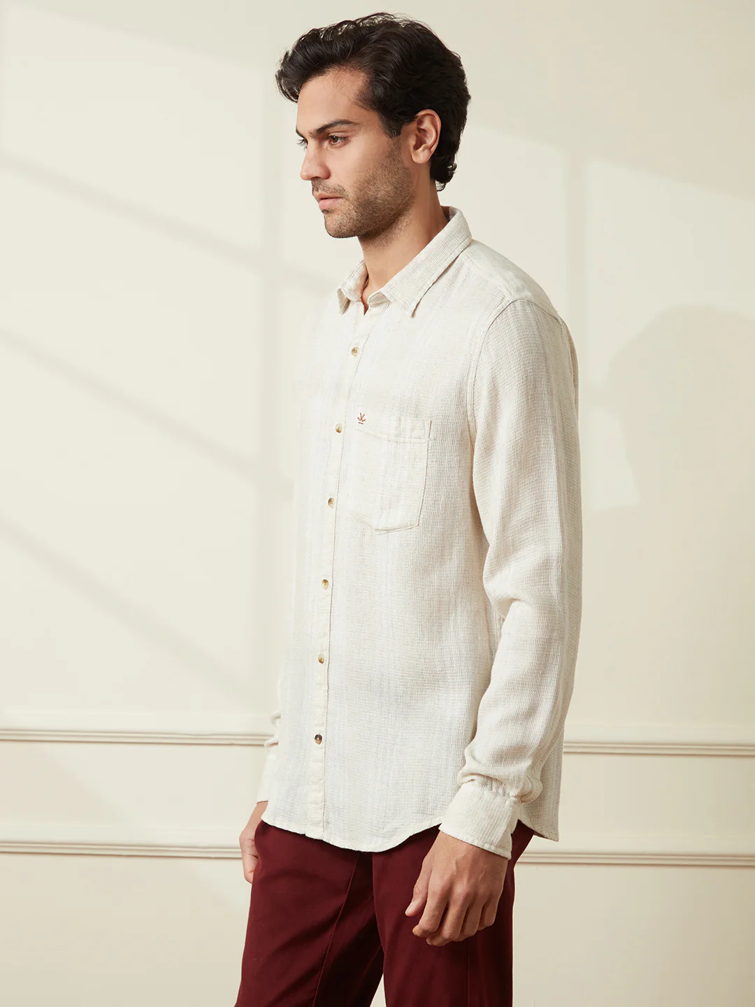Textured Slim Fit Casual Shirt | Beige - Image 4