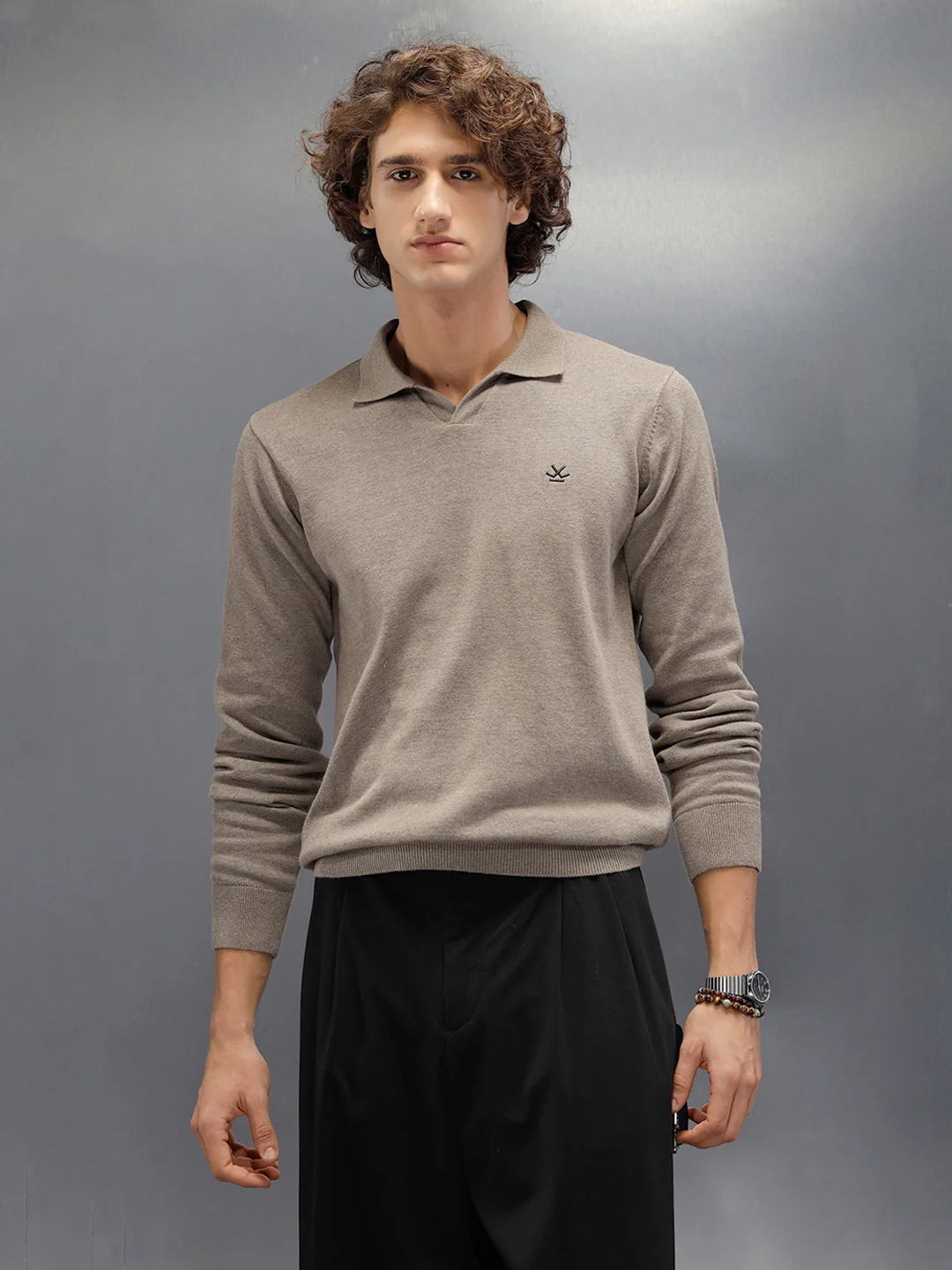 Premium Flat Knit Johnny Collar Polo T-Shirt | Brown - Image 3