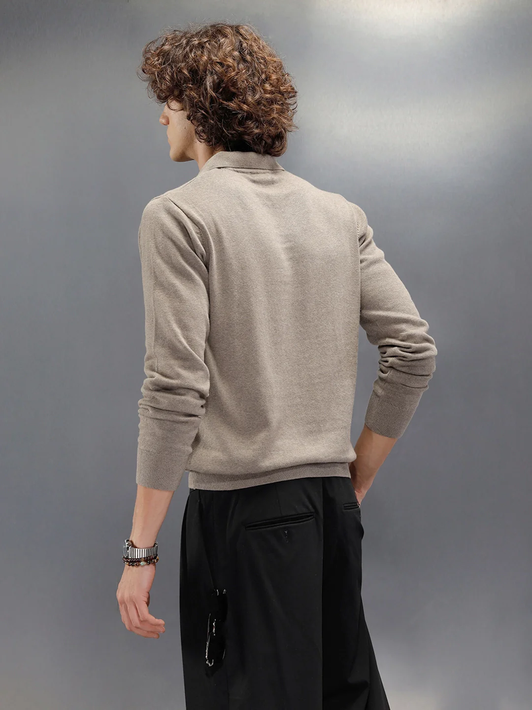Premium Flat Knit Johnny Collar Polo T-Shirt | Brown - Image 5