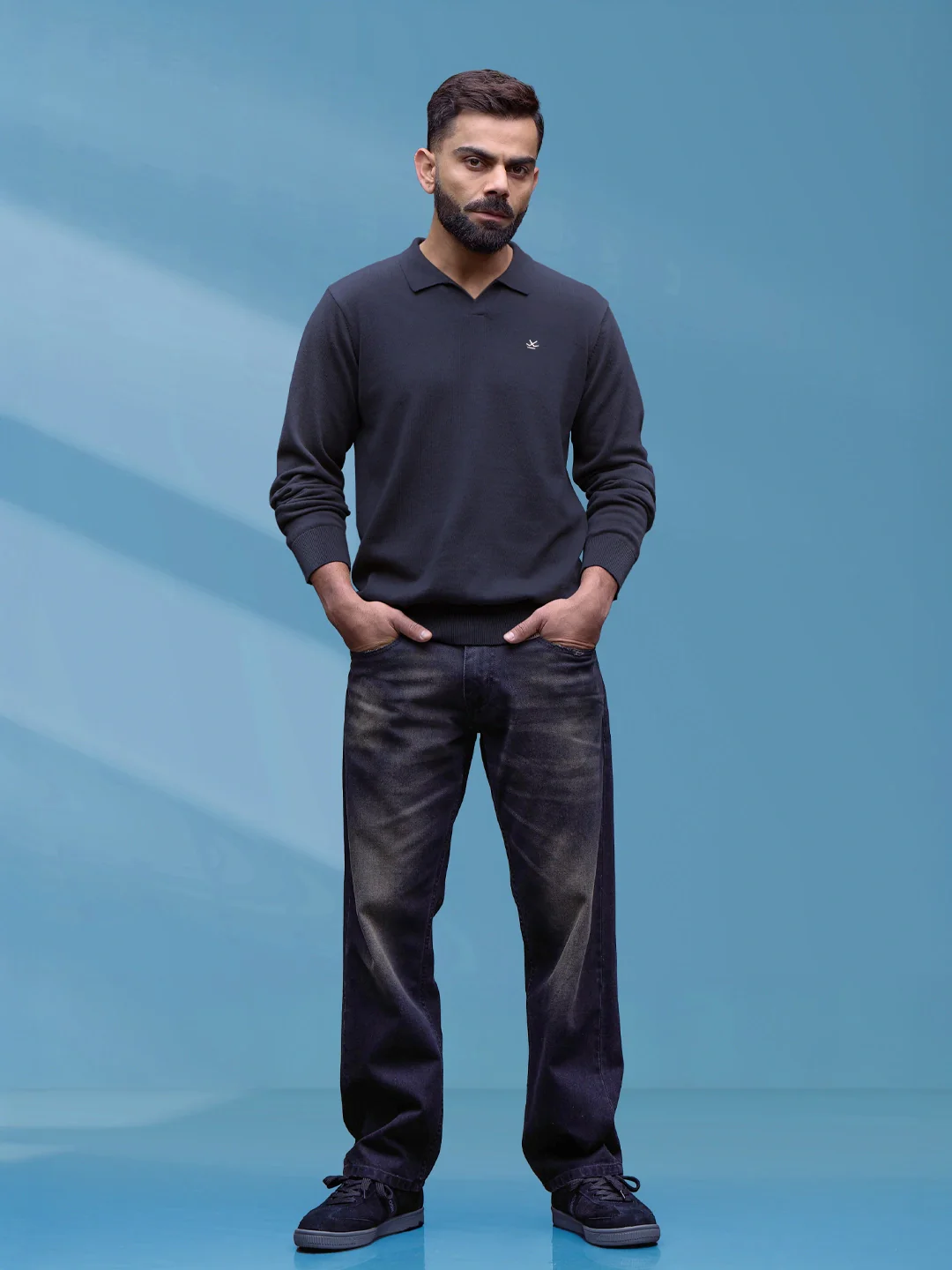 Premium Flat Knit Johnny Collar Polo T-Shirt  | Navy Blue - Image 2