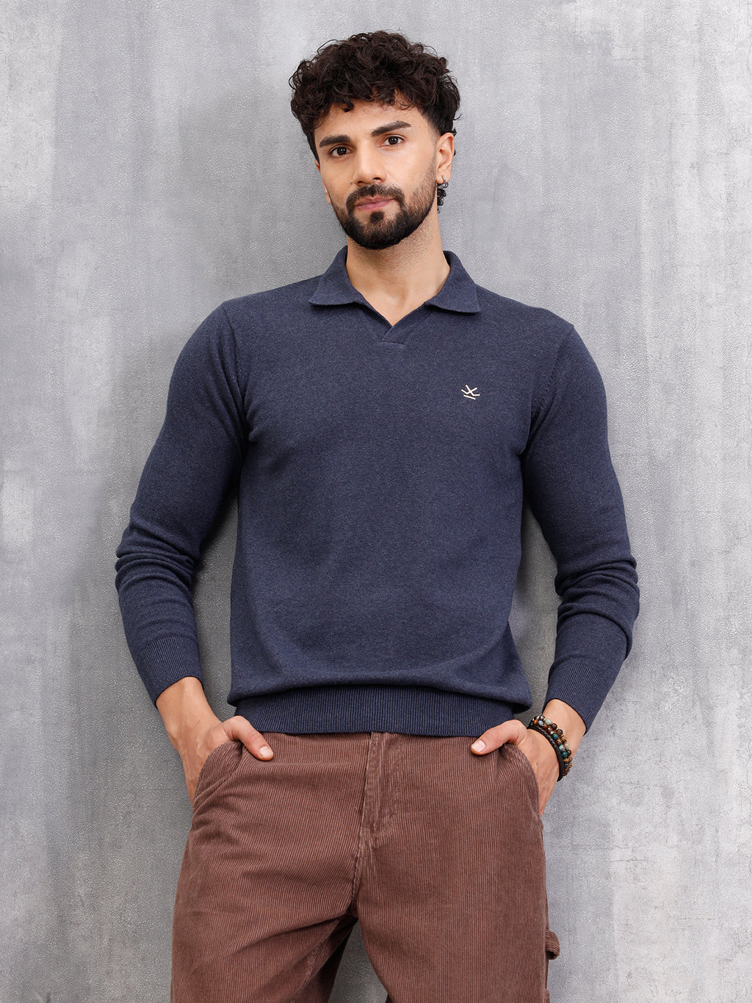 Premium Flat Knit Johnny Collar Polo T-Shirt  | Navy Blue - Image 3