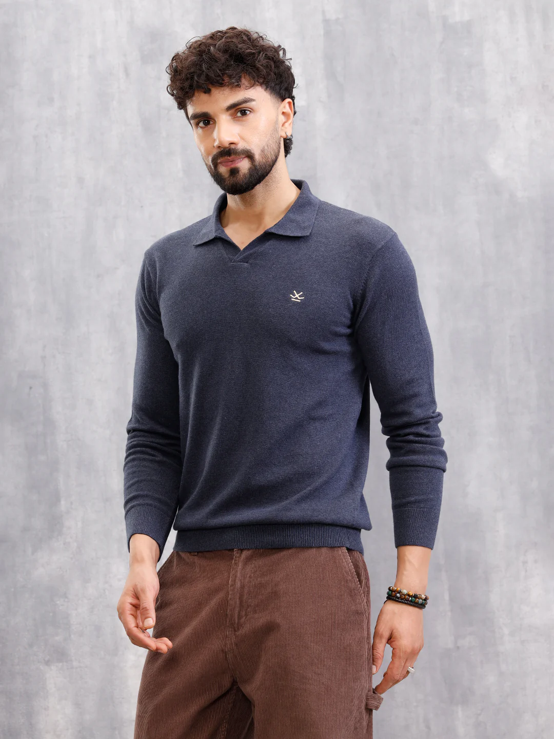 Premium Flat Knit Johnny Collar Polo T-Shirt  | Navy Blue - Image 6