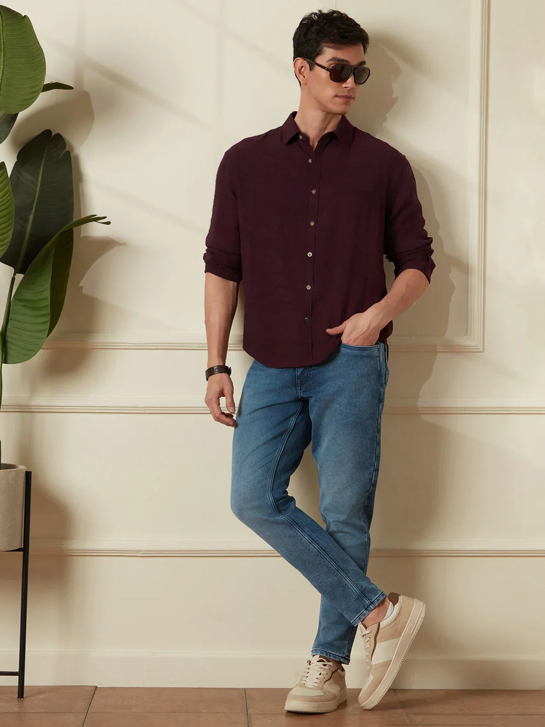 Textured Comfort Fit Shirt | Maroon - Image 2
