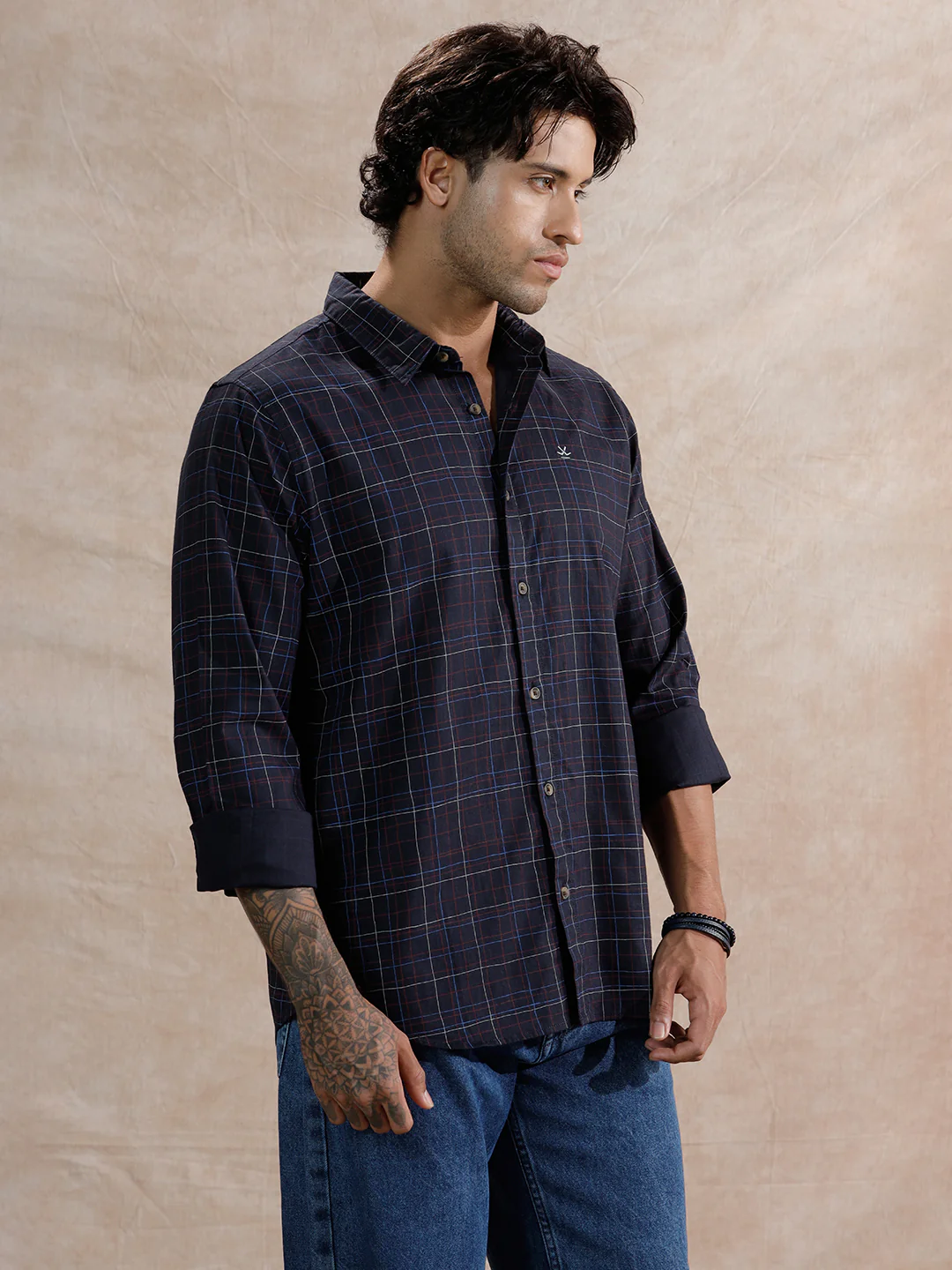 Printed Checked Regular Fit Shirt  | Navy Blue - Image 4