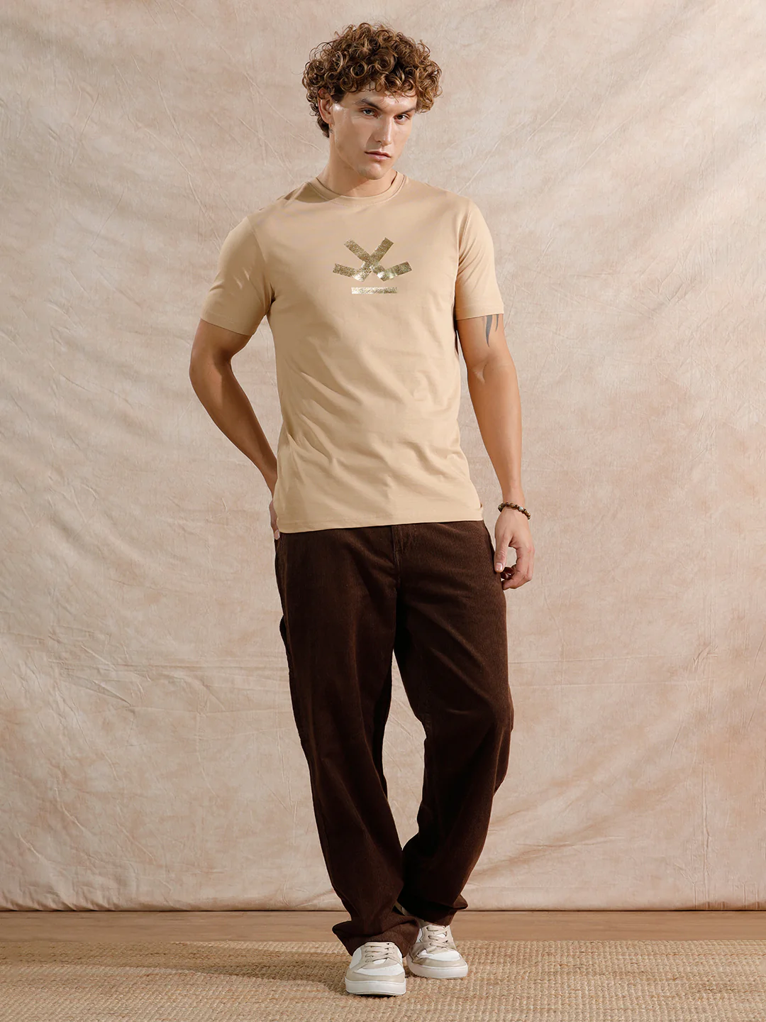 Gold Foil Print Slim Fit T-Shirt | Beige - Image 2