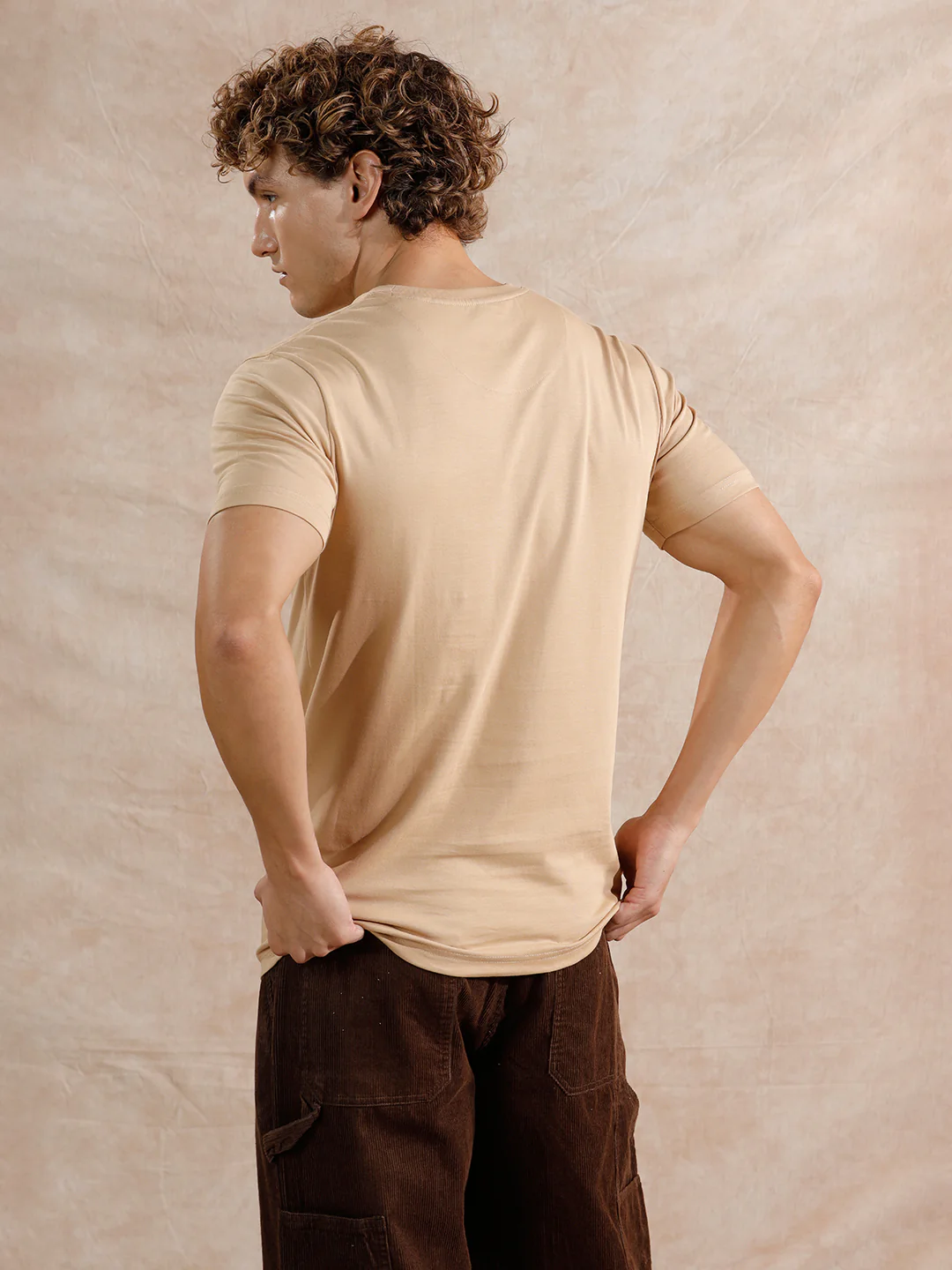 Gold Foil Print Slim Fit T-Shirt | Beige - Image 3