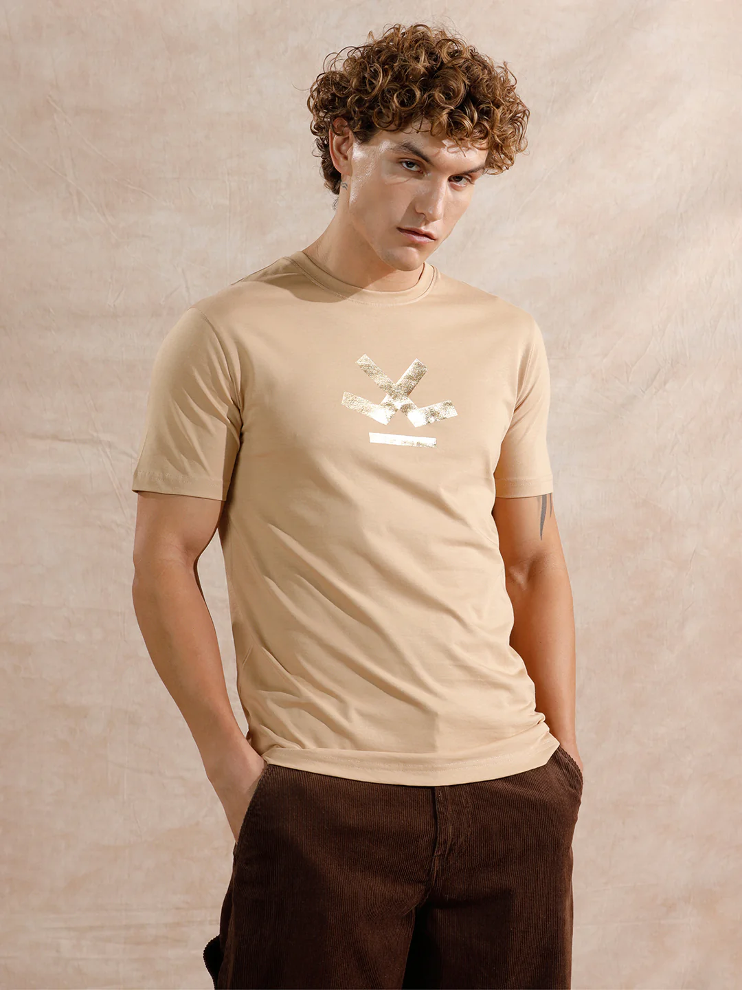 Gold Foil Print Slim Fit T-Shirt | Beige - Image 4