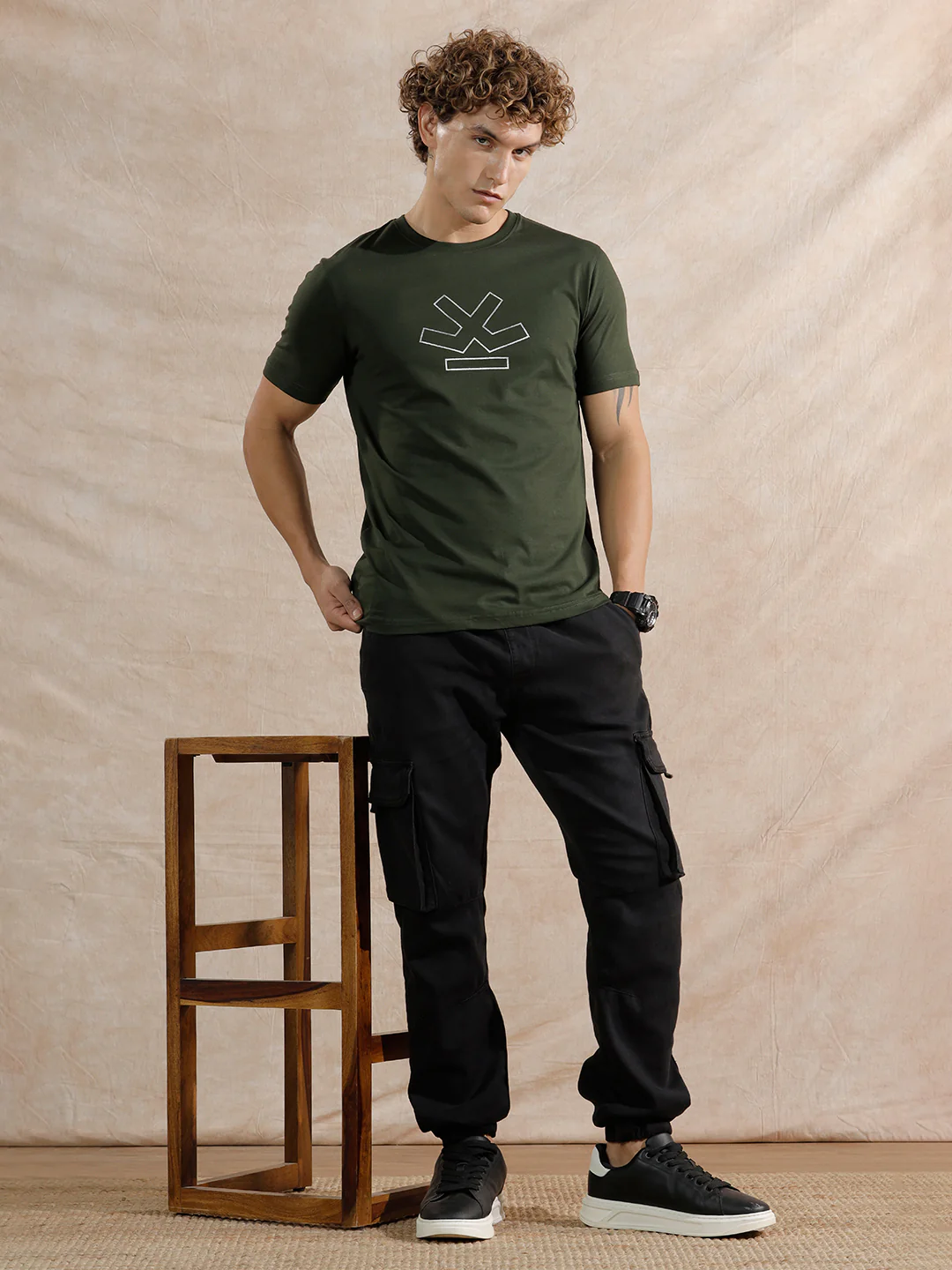 Silver Foil Print Slim Fit T-Shirt | Olive - Image 3