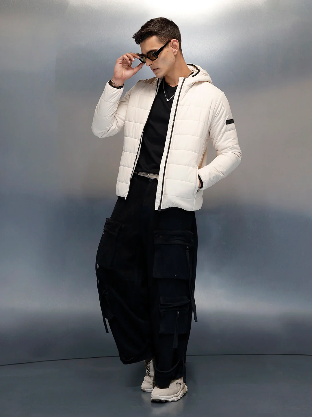 Puffered Men's Casual Slim Fit Hooded Jacket | Beige - Image 2