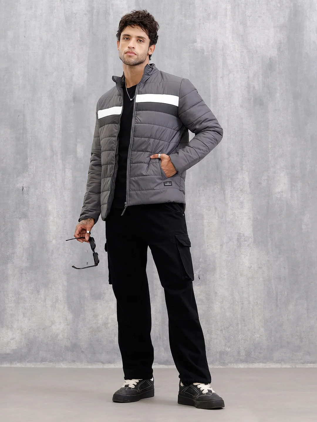 Quilted High Neck Regular Fit Jacket I Grey - Image 2