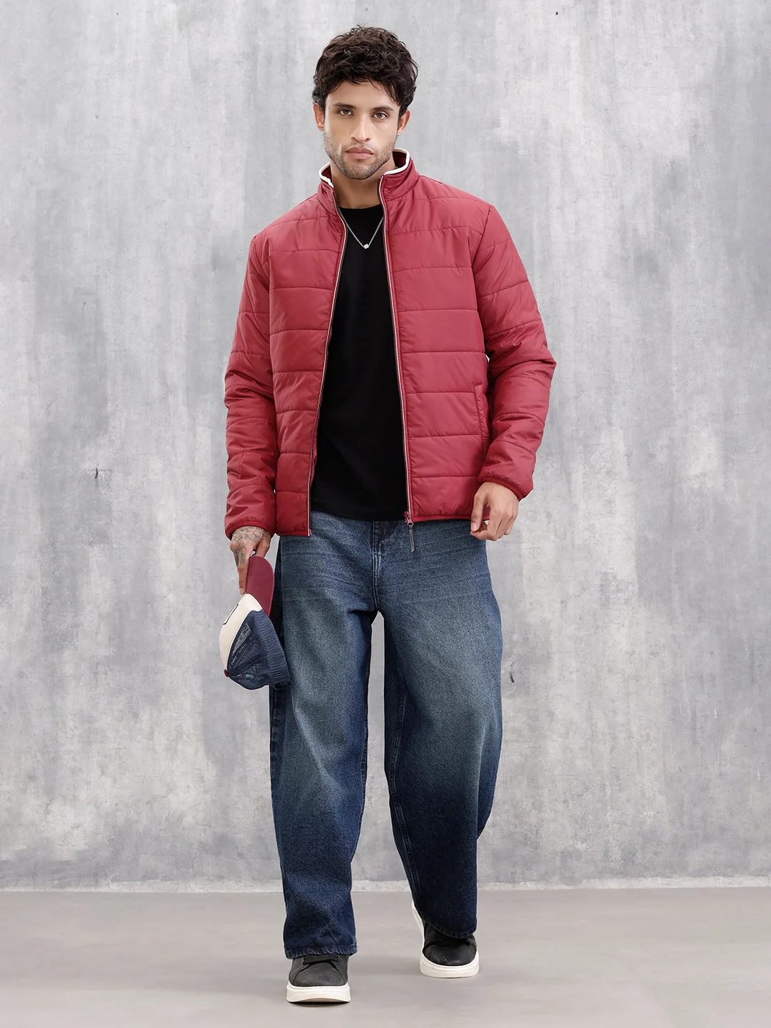 Quilted High Neck Regular Fit Jacket I Maroon - Image 2