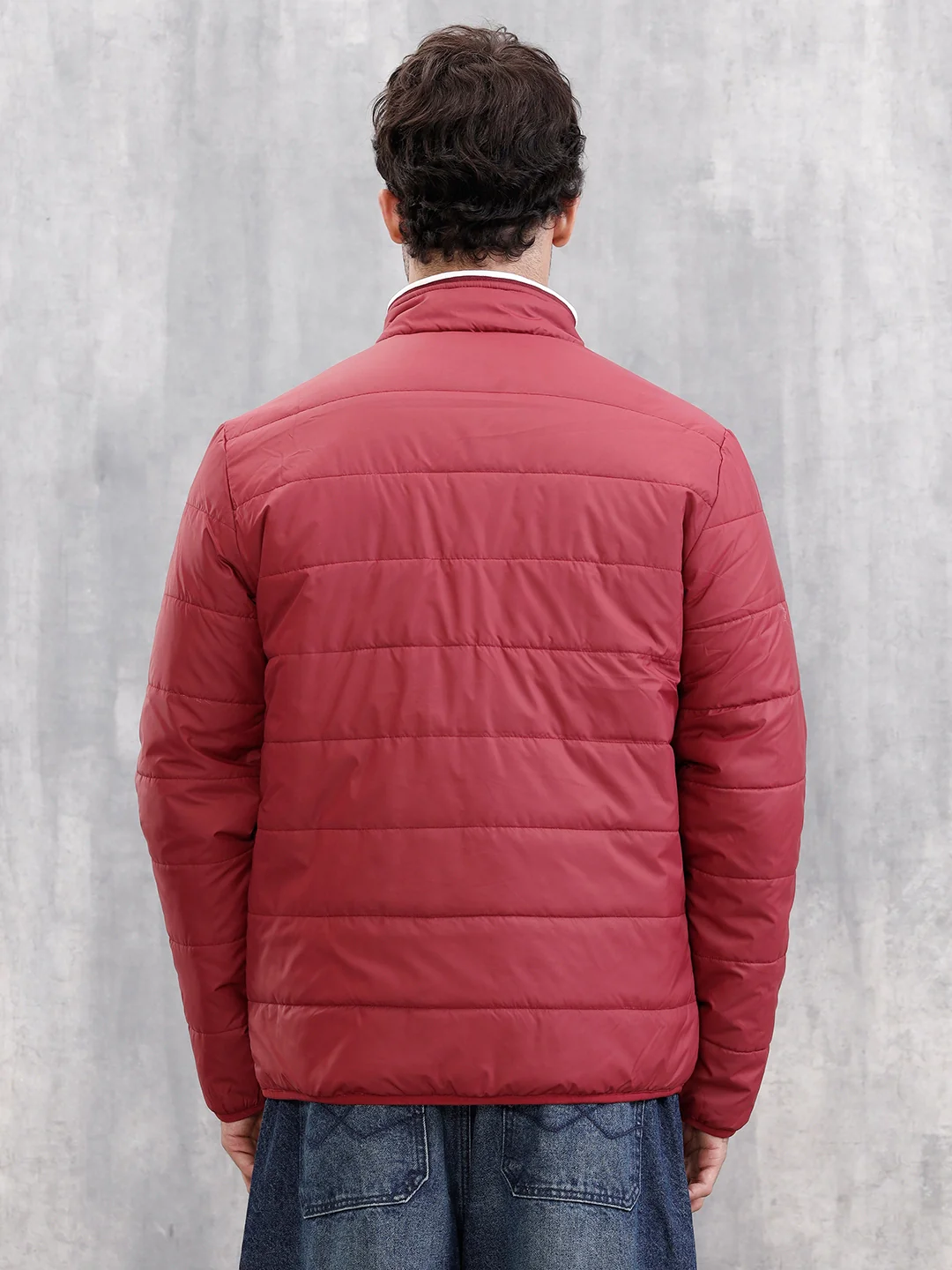 Quilted High Neck Regular Fit Jacket I Maroon - Image 3