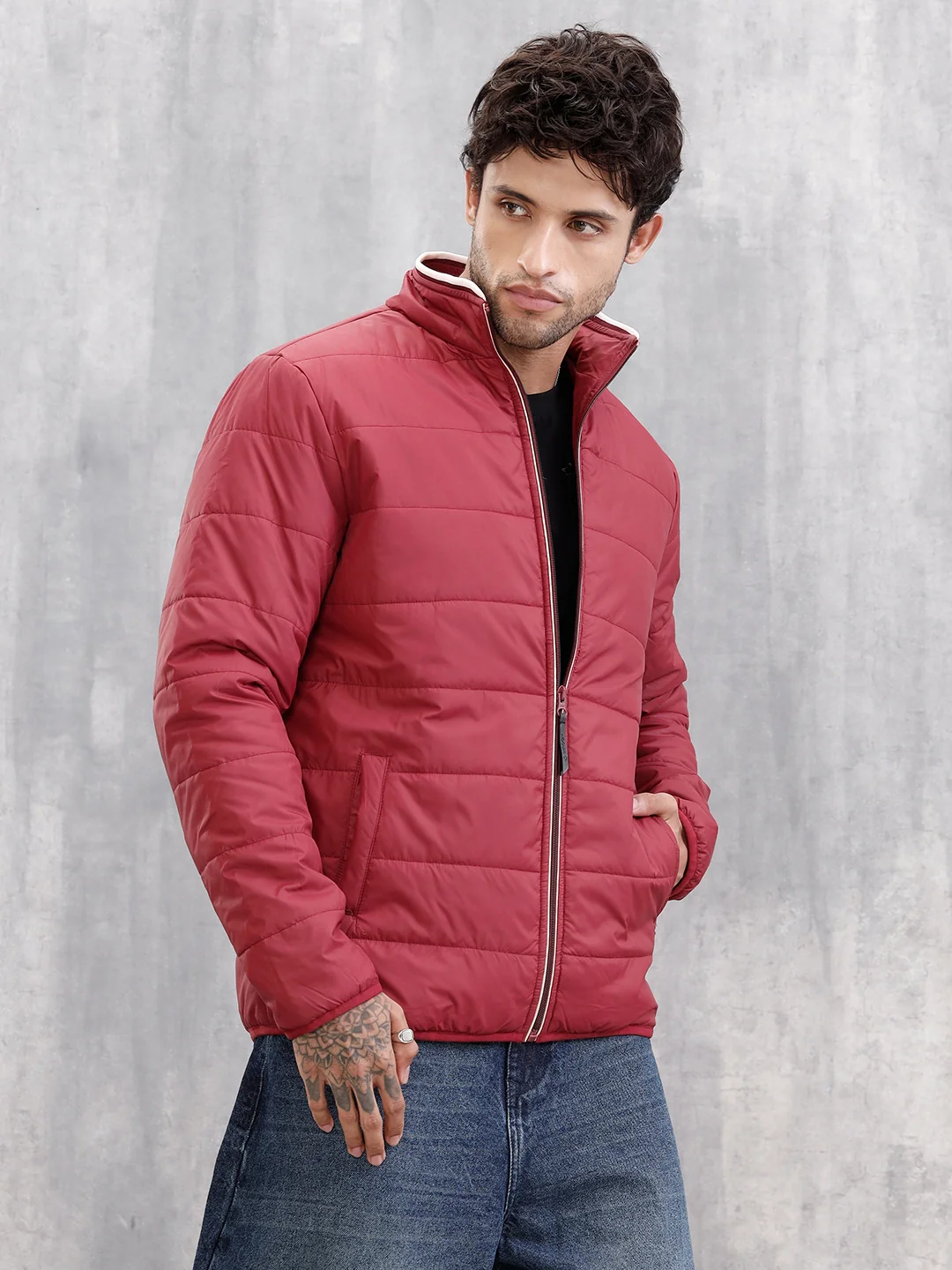 Quilted High Neck Regular Fit Jacket I Maroon - Image 4