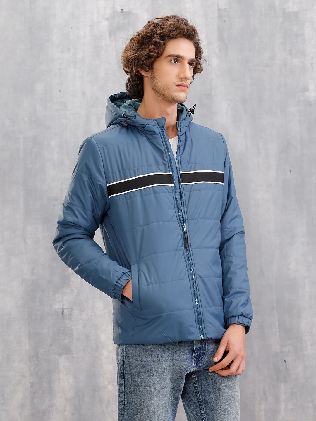 Quilted Hoodie Jacket With Tape Detail At Front I Blue - Image 4