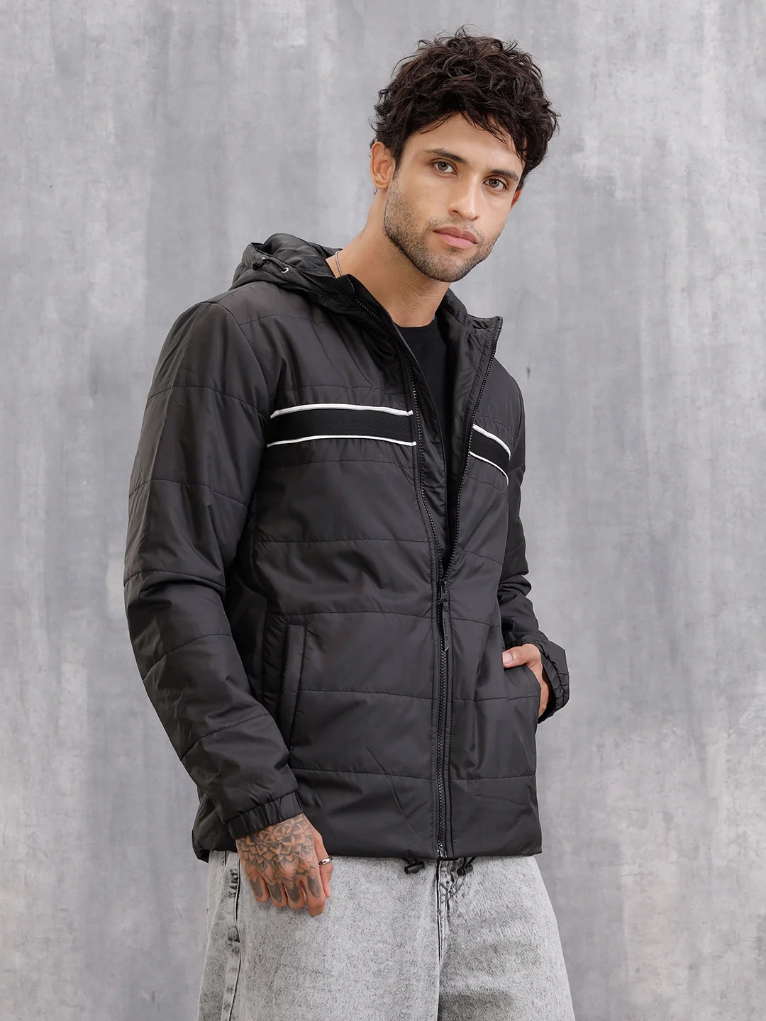 Quilted Jacket With Front Knitted Tape Detail | Black - Image 5