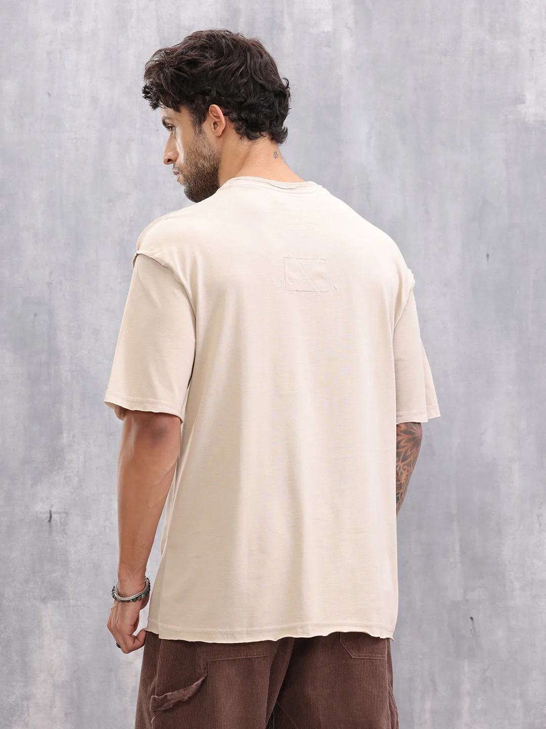 Raw Edge Oversized Fit T-shirt With Flat Lock Detail | Beige - Image 3