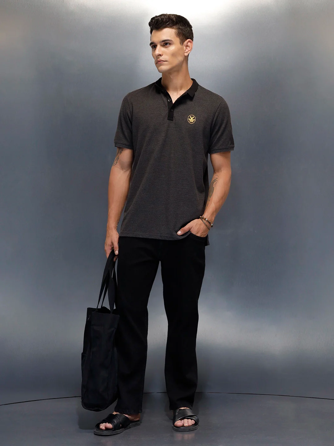 Regualr Fit Polo T-Shirt With Tonal Neck Detail | Grey - Image 2