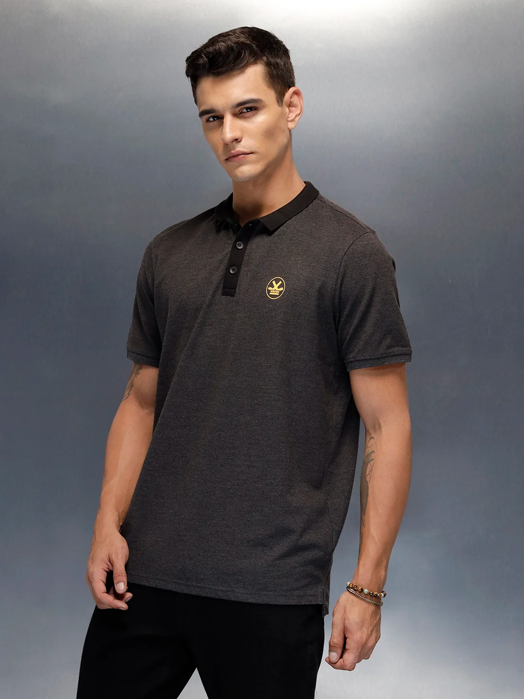 Regualr Fit Polo T-Shirt With Tonal Neck Detail | Grey - Image 4