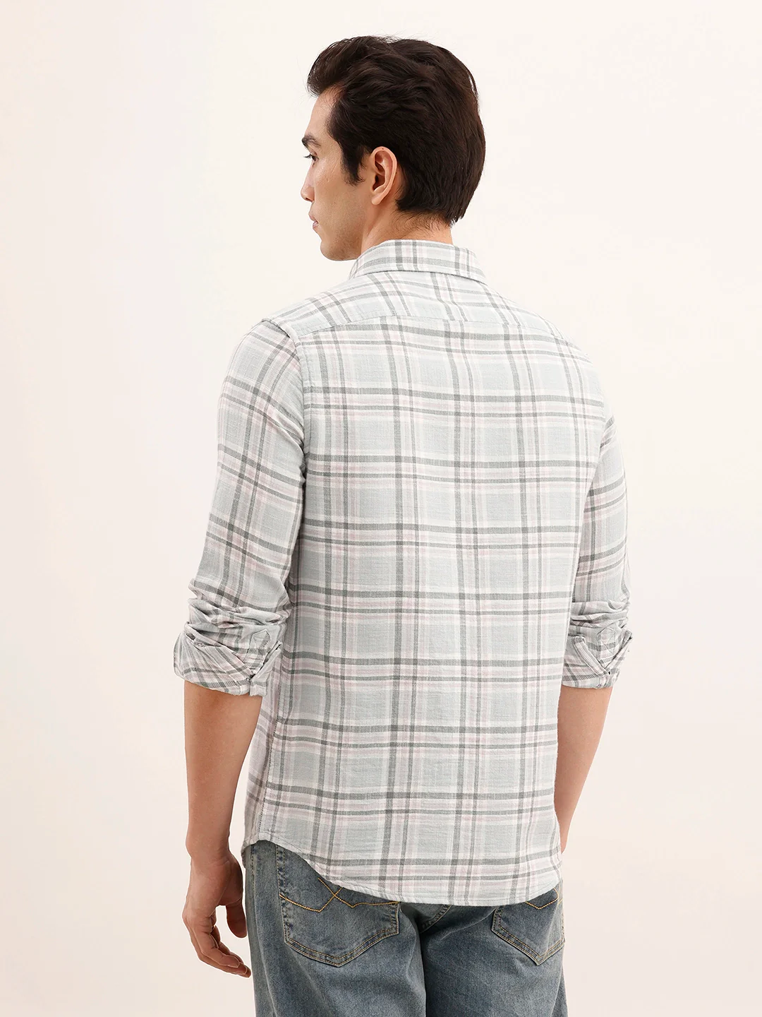 Regular Fit Checkered Double Pocket Shirt | Light Blue - Image 3