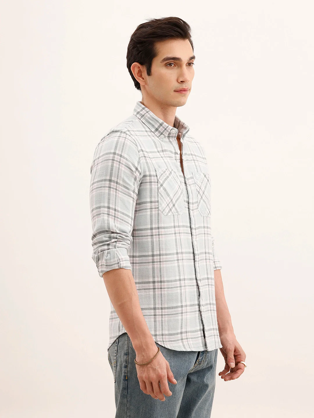 Regular Fit Checkered Double Pocket Shirt | Light Blue - Image 4