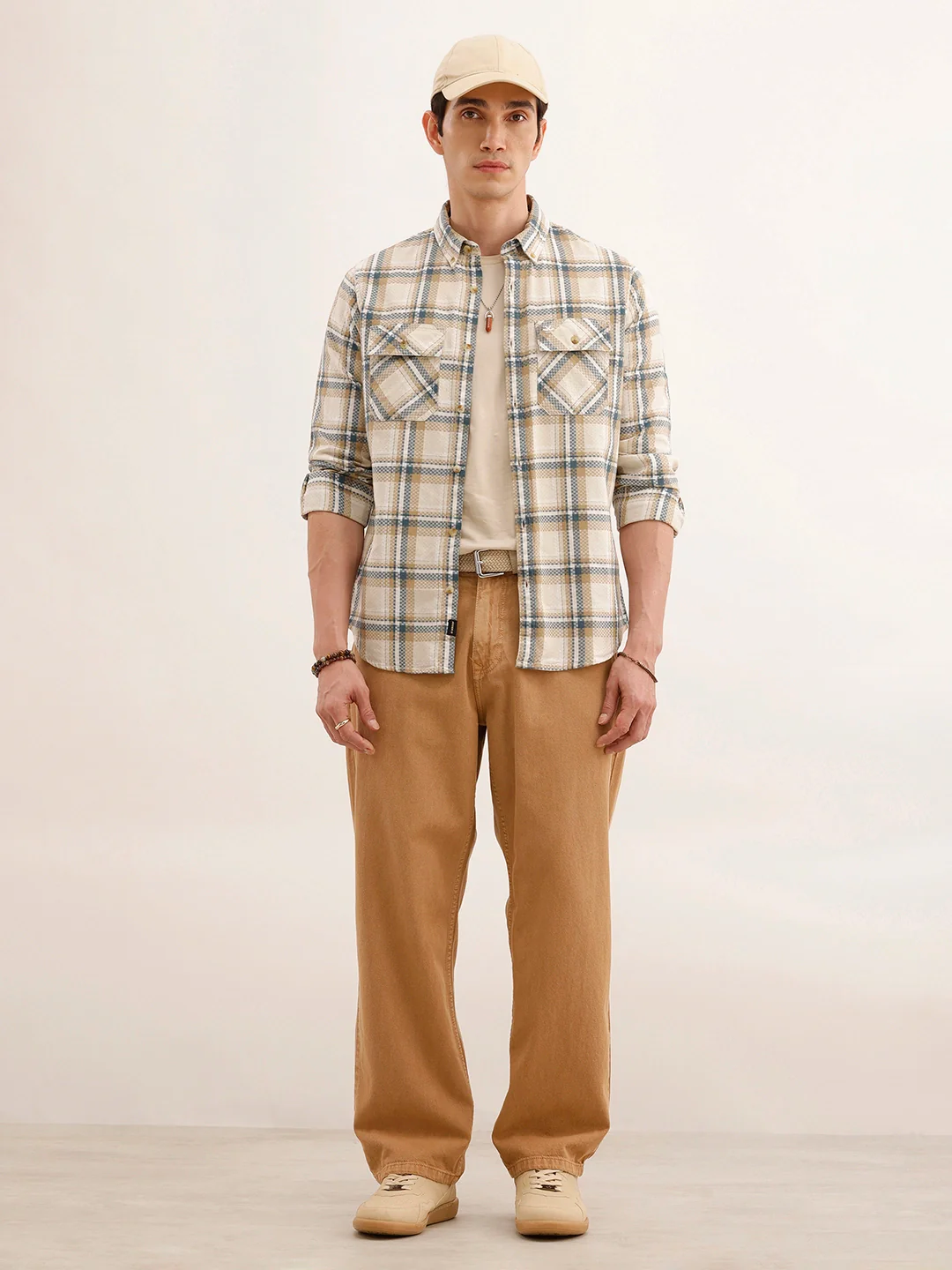 Regular Fit Double Pocket Checkered Shirt | Beige - Image 2