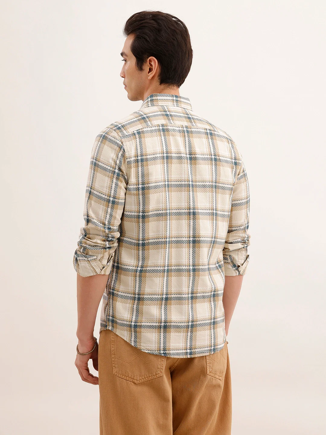 Regular Fit Double Pocket Checkered Shirt | Beige - Image 3