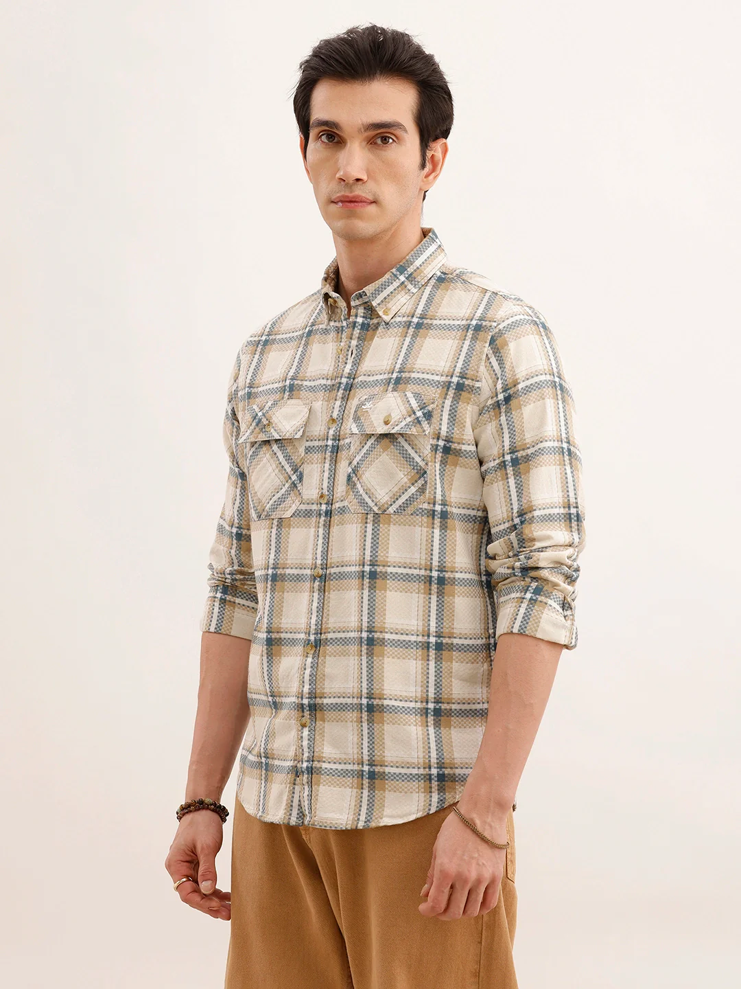 Regular Fit Double Pocket Checkered Shirt | Beige - Image 4