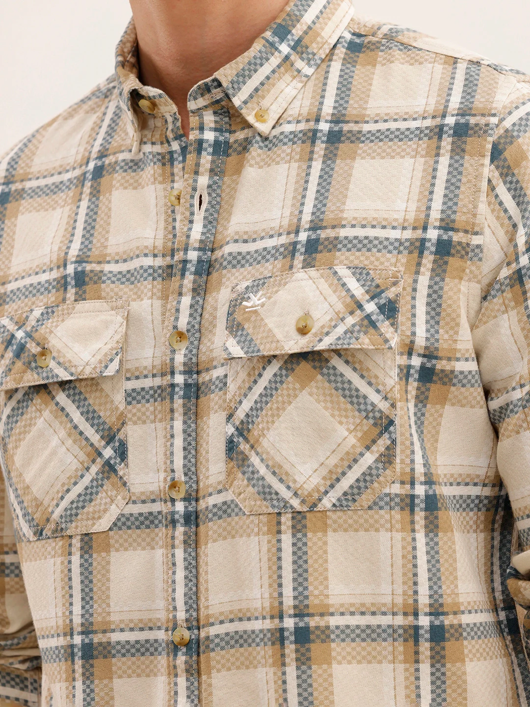 Regular Fit Double Pocket Checkered Shirt | Beige - Image 5