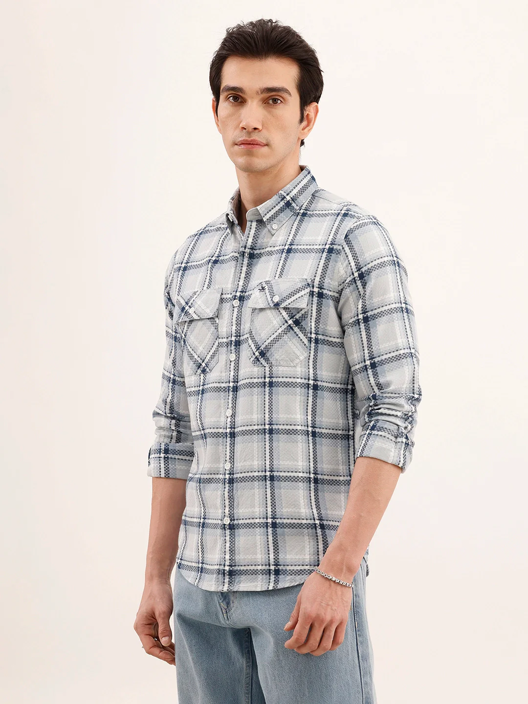 Regular Fit Double Pocket Checkered Shirt | Blue - Image 4