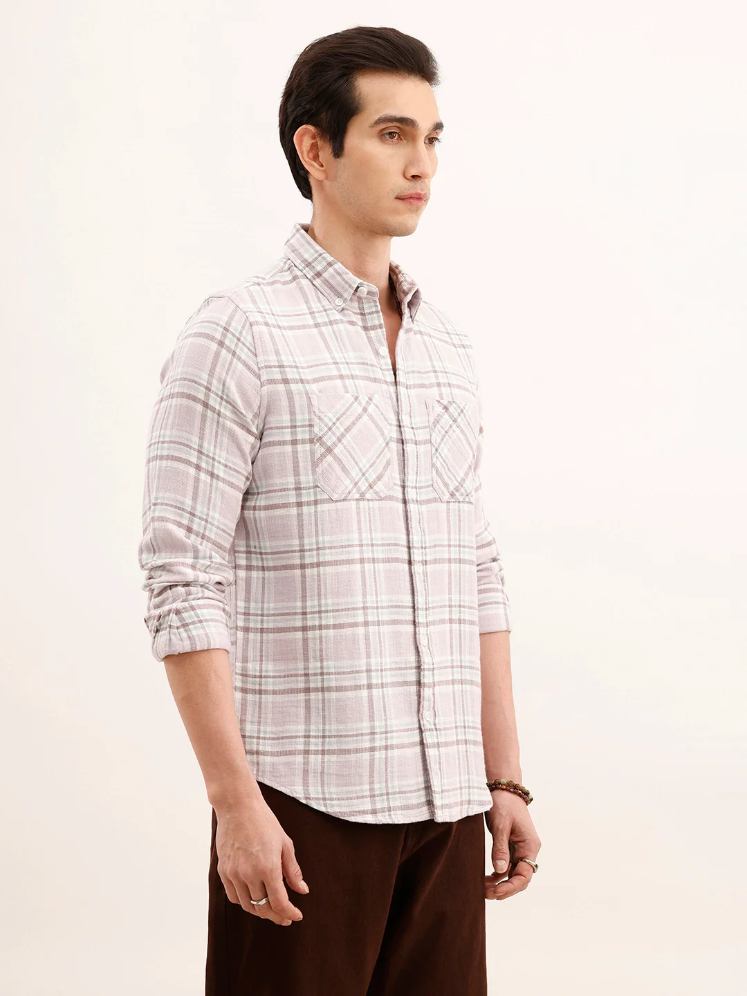 Regular Fit Double Pocket Checkered Shirt | Pink - Image 4
