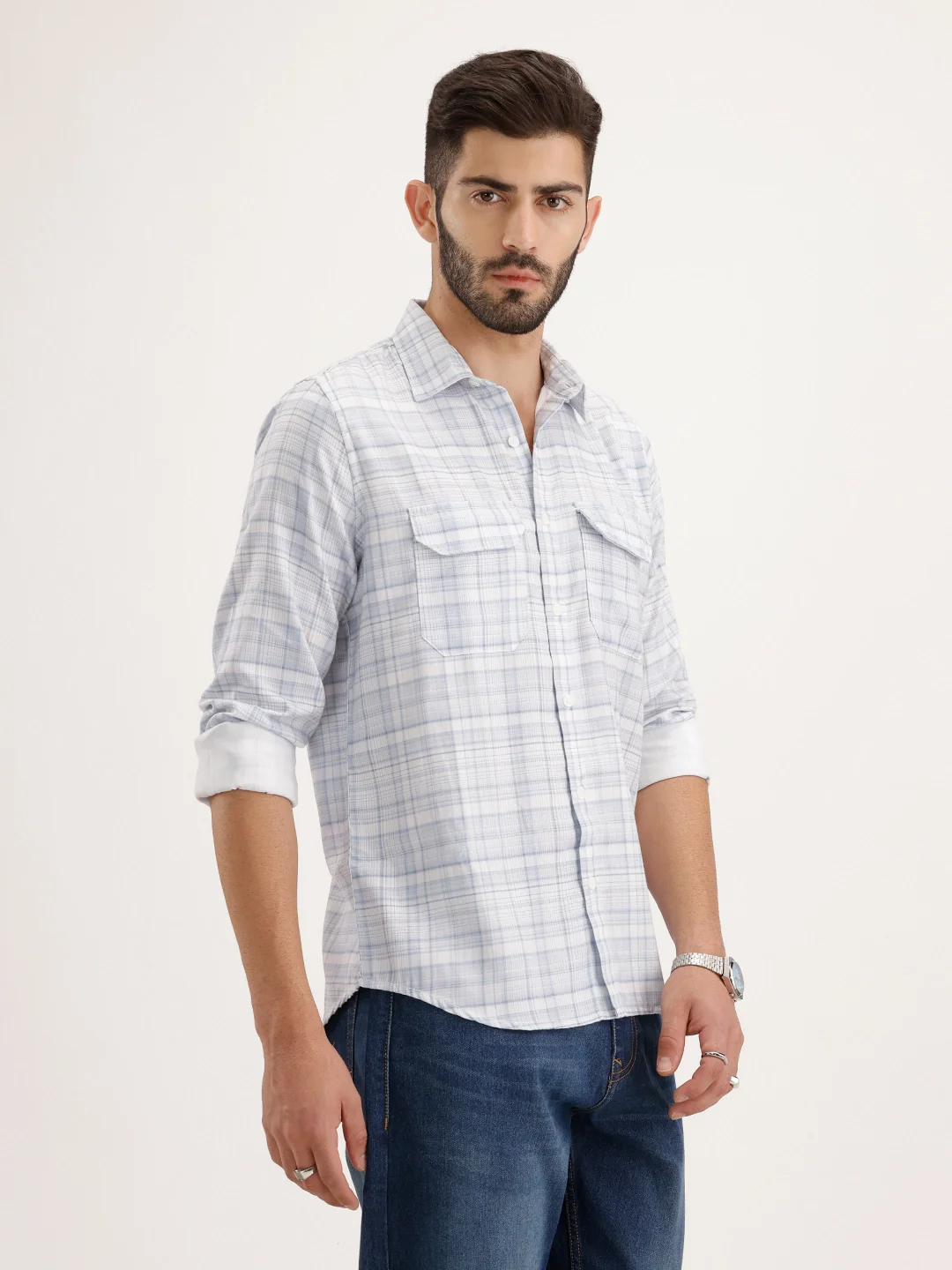 Regular Fit Double Pocket Full Sleeve Shirt | Light Blue - Image 4
