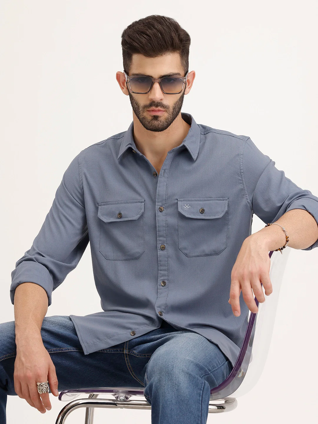 Regular Fit Double Pocket Shirt | Blue - Image 2