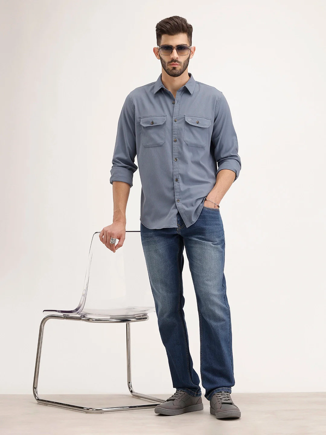 Regular Fit Double Pocket Shirt | Blue - Image 4