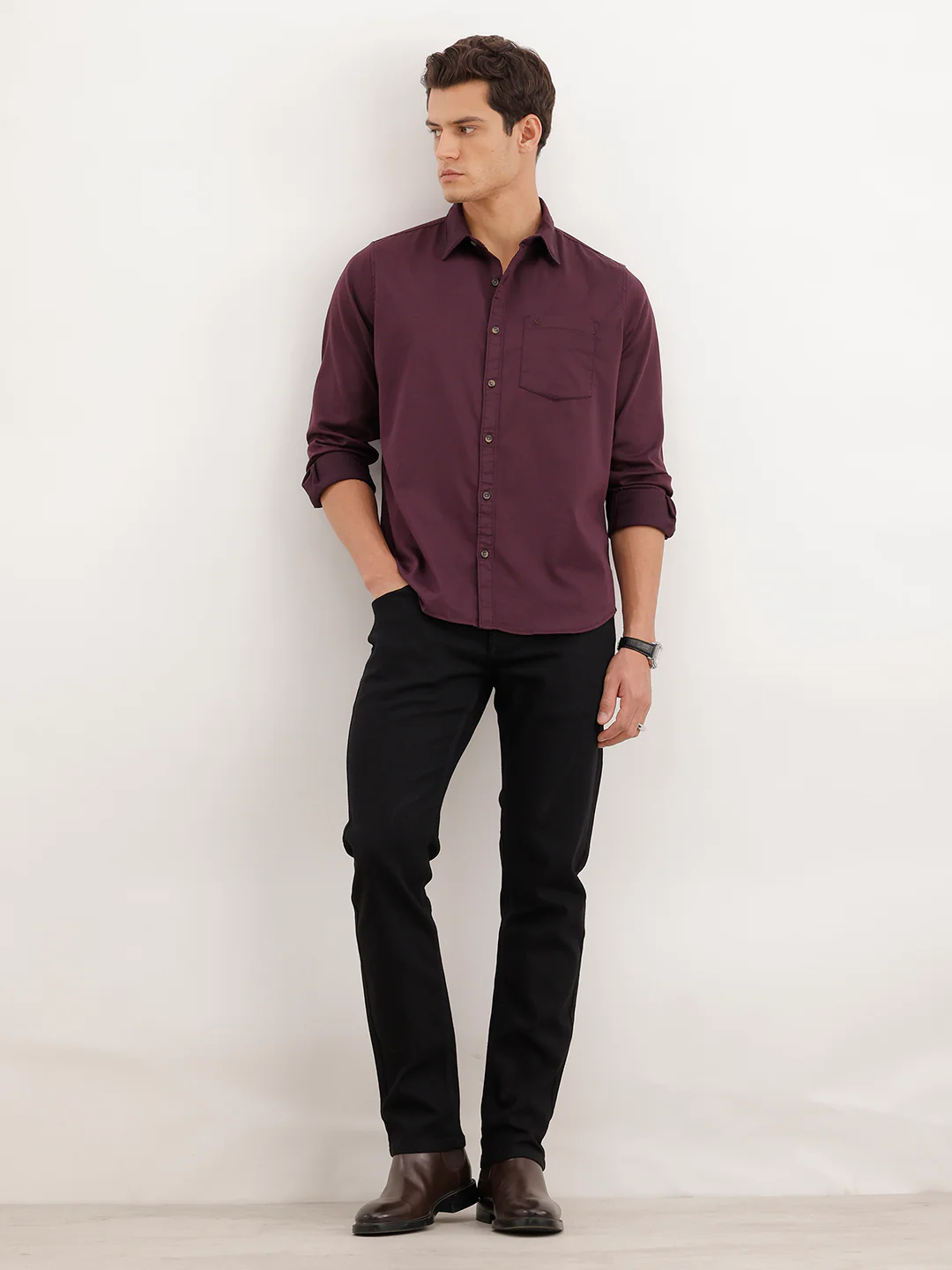 Regular Fit Full Sleeved Shirt | Wine - Image 2
