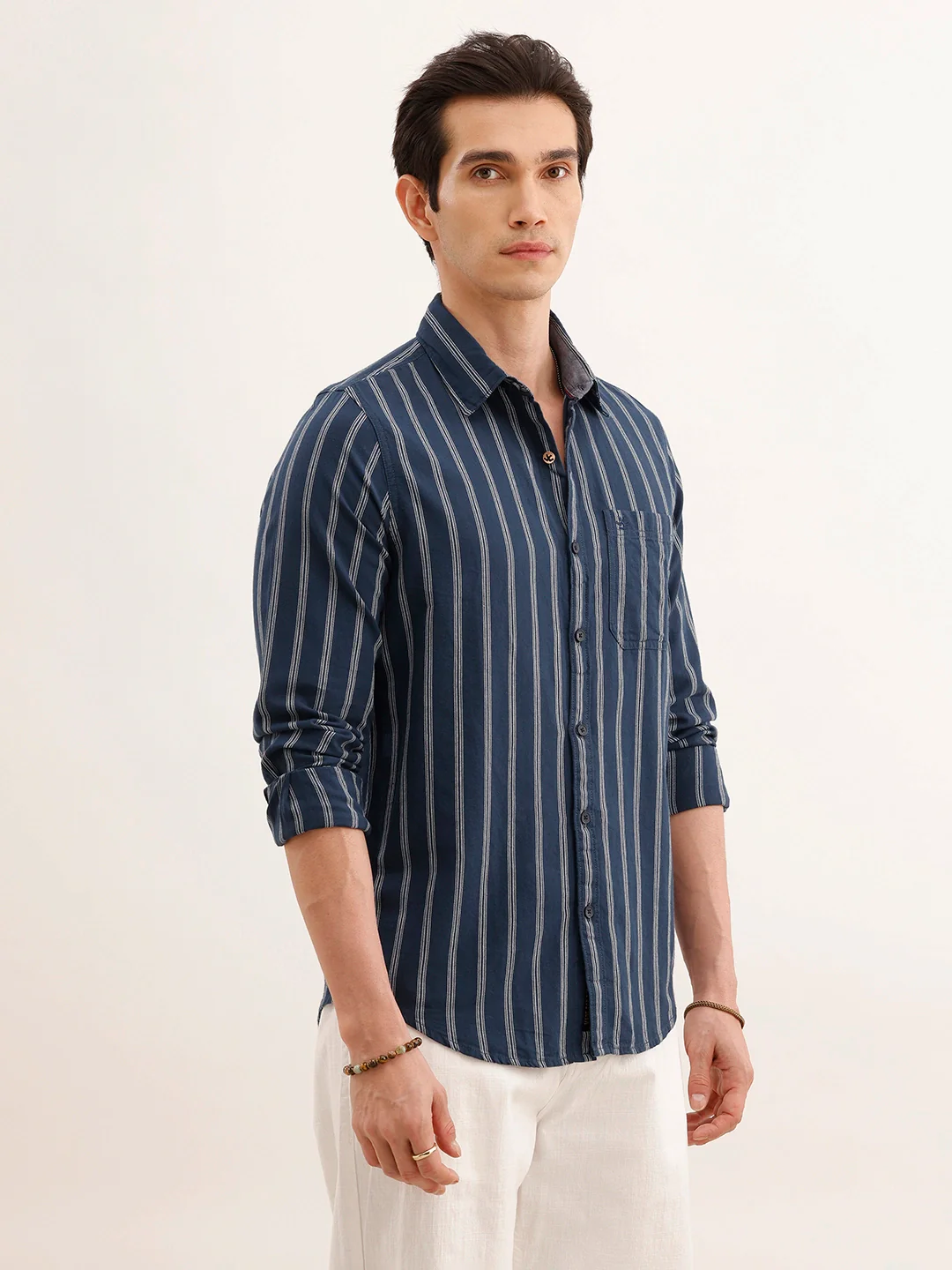 Regular Fit Full Sleeved Striped Shirt | Blue - Image 4