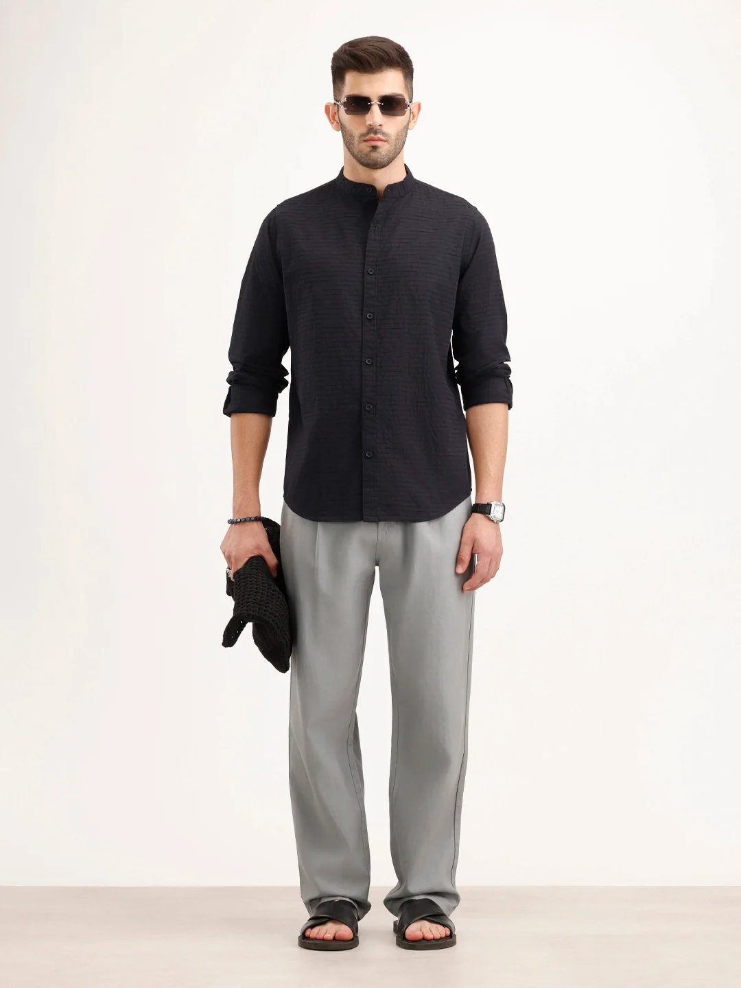 Regular Fit Mandarin Collar Textured Shirt | Black - Image 2