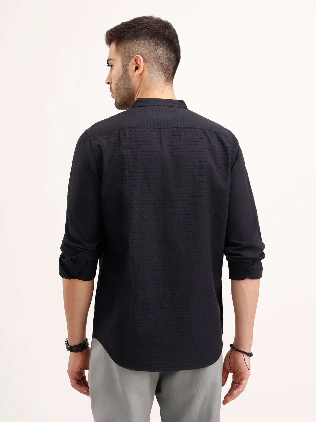 Regular Fit Mandarin Collar Textured Shirt | Black - Image 3