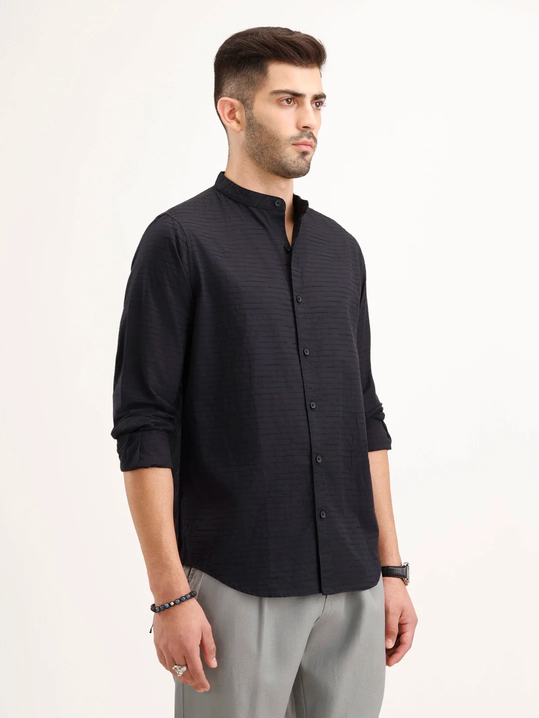 Regular Fit Mandarin Collar Textured Shirt | Black - Image 4