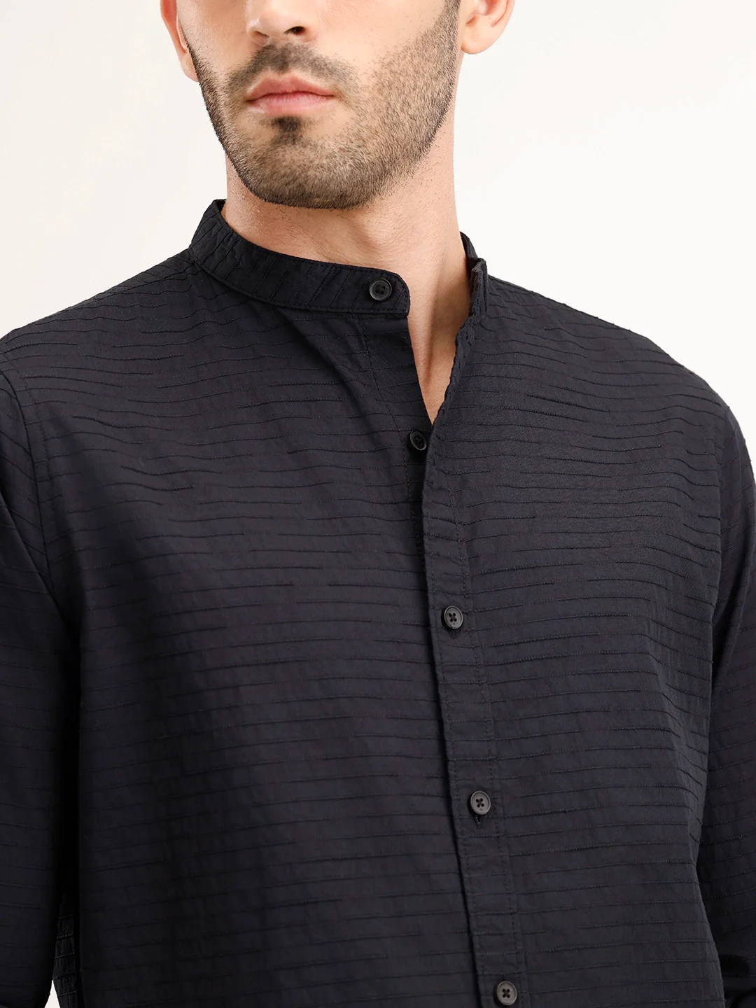 Regular Fit Mandarin Collar Textured Shirt | Black - Image 5