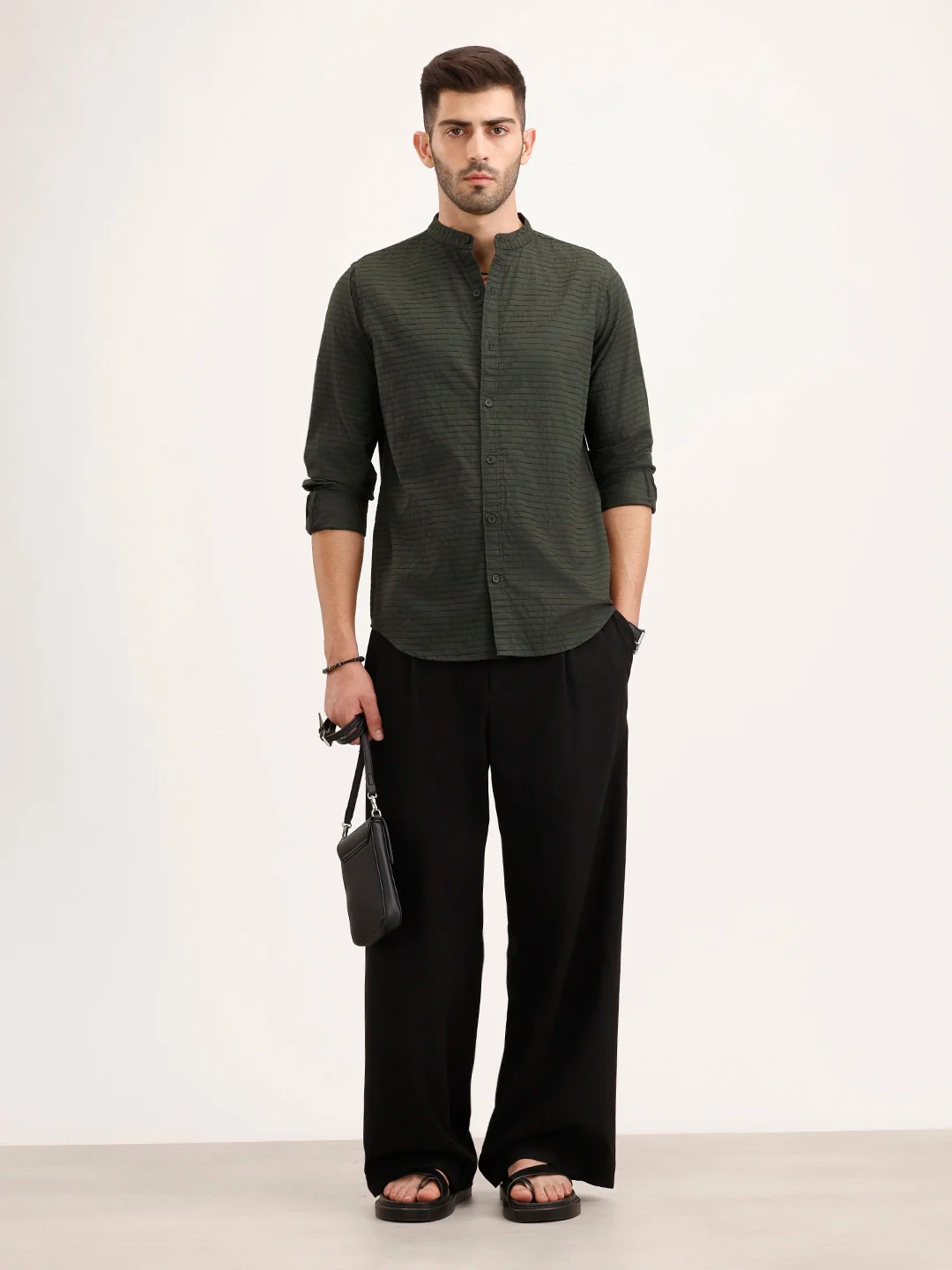 Regular Fit Mandarin Collar Textured Shirt | Dark Green - Image 2