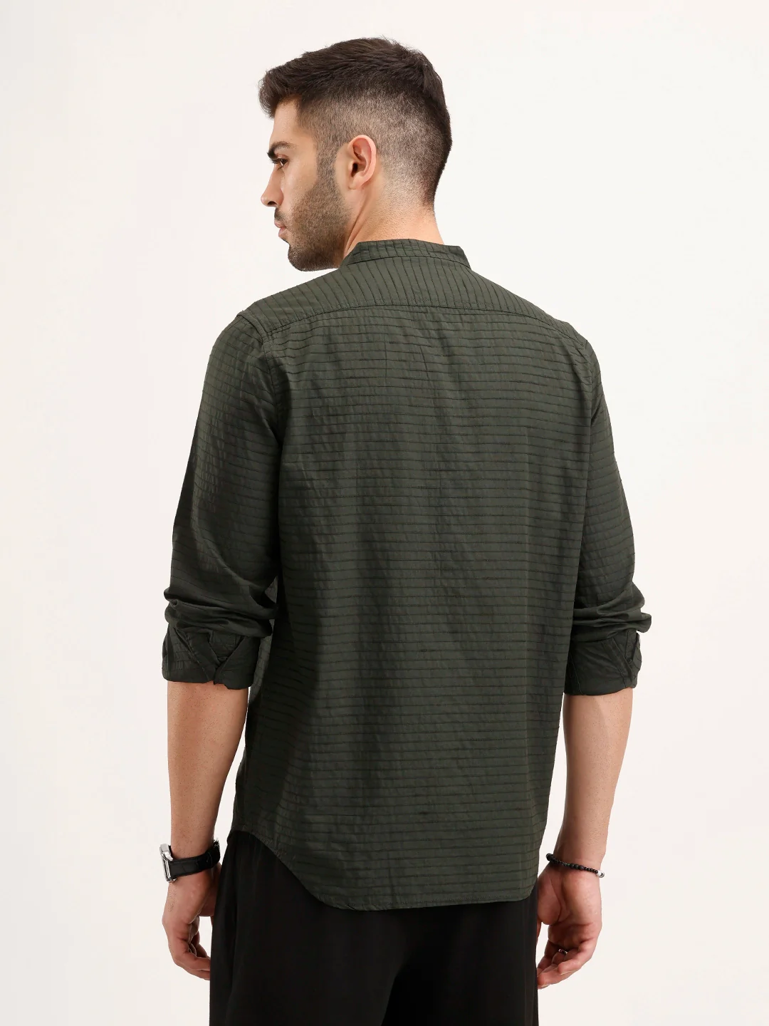 Regular Fit Mandarin Collar Textured Shirt | Dark Green - Image 3