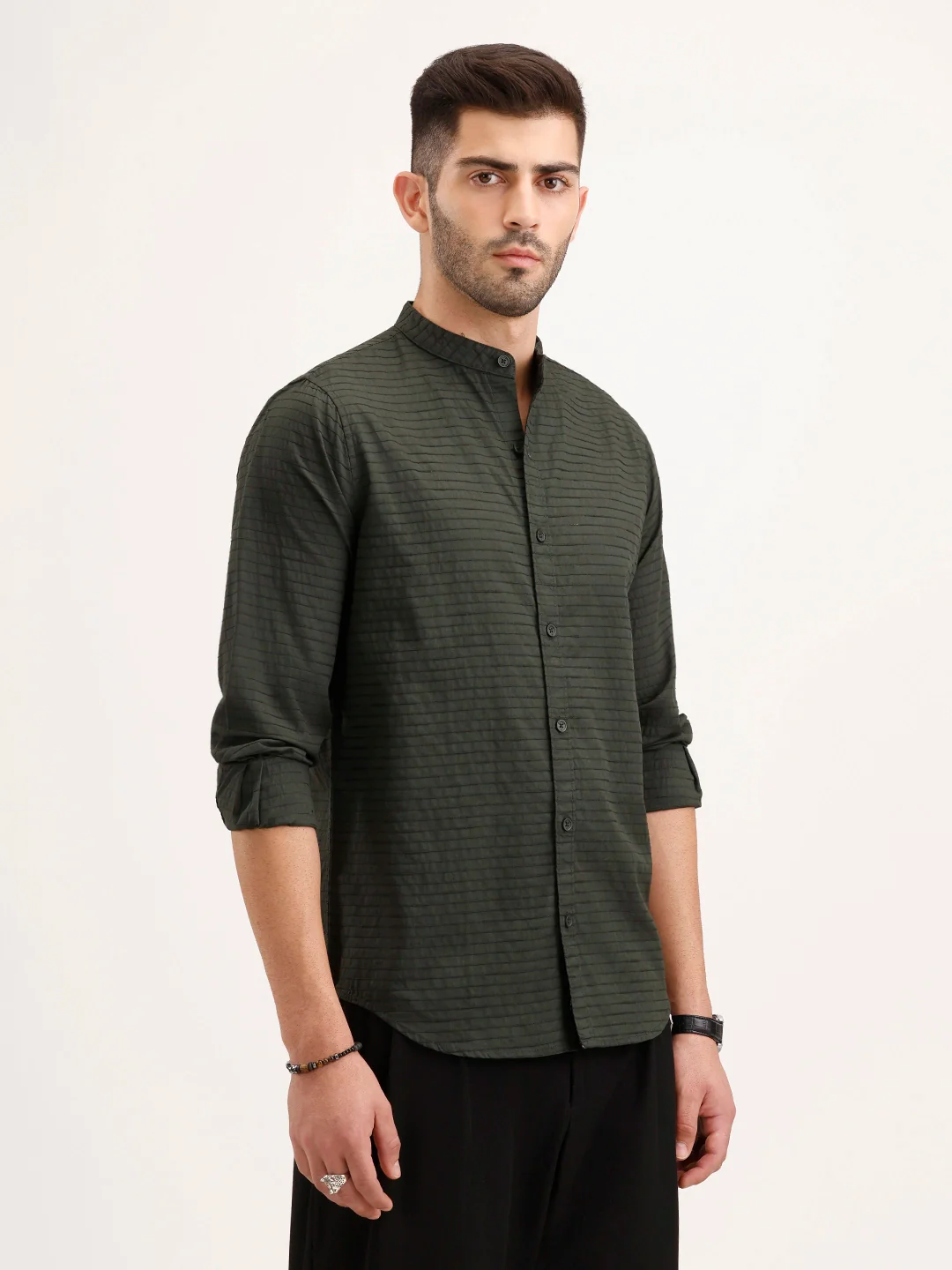 Regular Fit Mandarin Collar Textured Shirt | Dark Green - Image 4