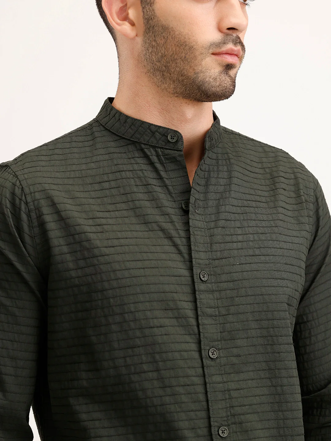 Regular Fit Mandarin Collar Textured Shirt | Dark Green - Image 5