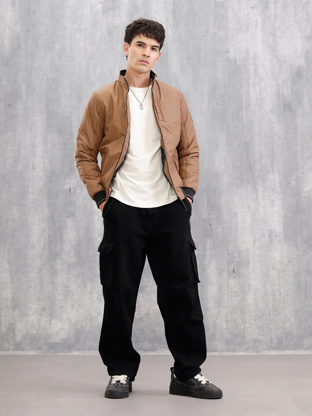 Regular Fit High Neck Jacket With Contrast Detail | Brown - Image 2