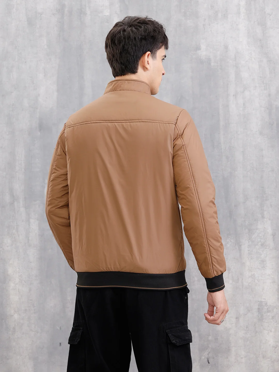 Regular Fit High Neck Jacket With Contrast Detail | Brown - Image 3