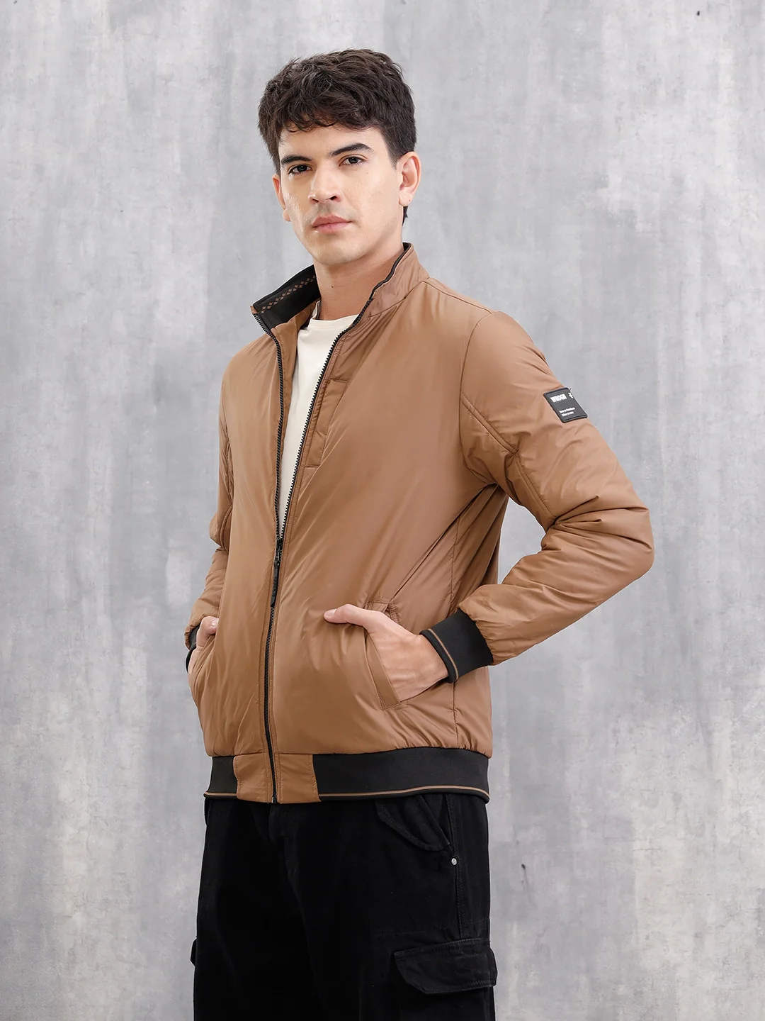 Regular Fit High Neck Jacket With Contrast Detail | Brown - Image 4