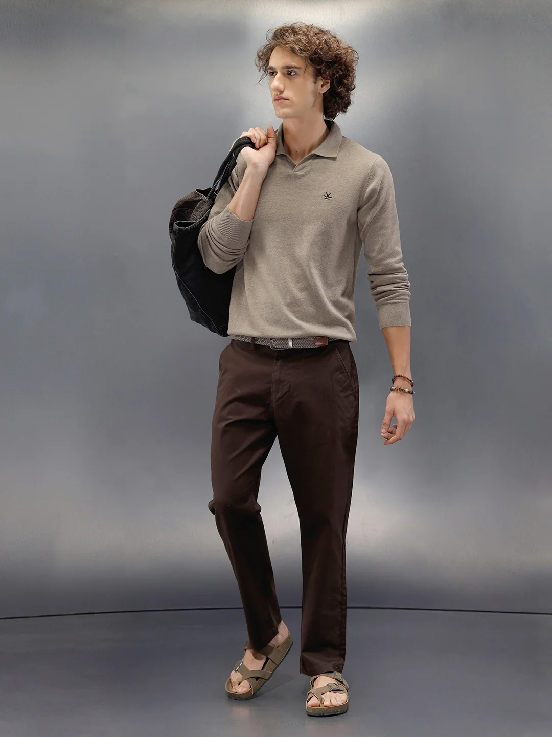 Regular Fit Solid Trousers In Premium Fabric | Dark Brown - Image 3