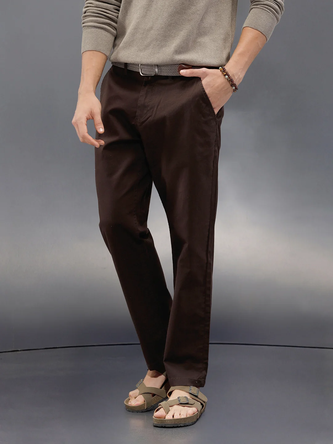Regular Fit Solid Trousers In Premium Fabric | Dark Brown - Image 5