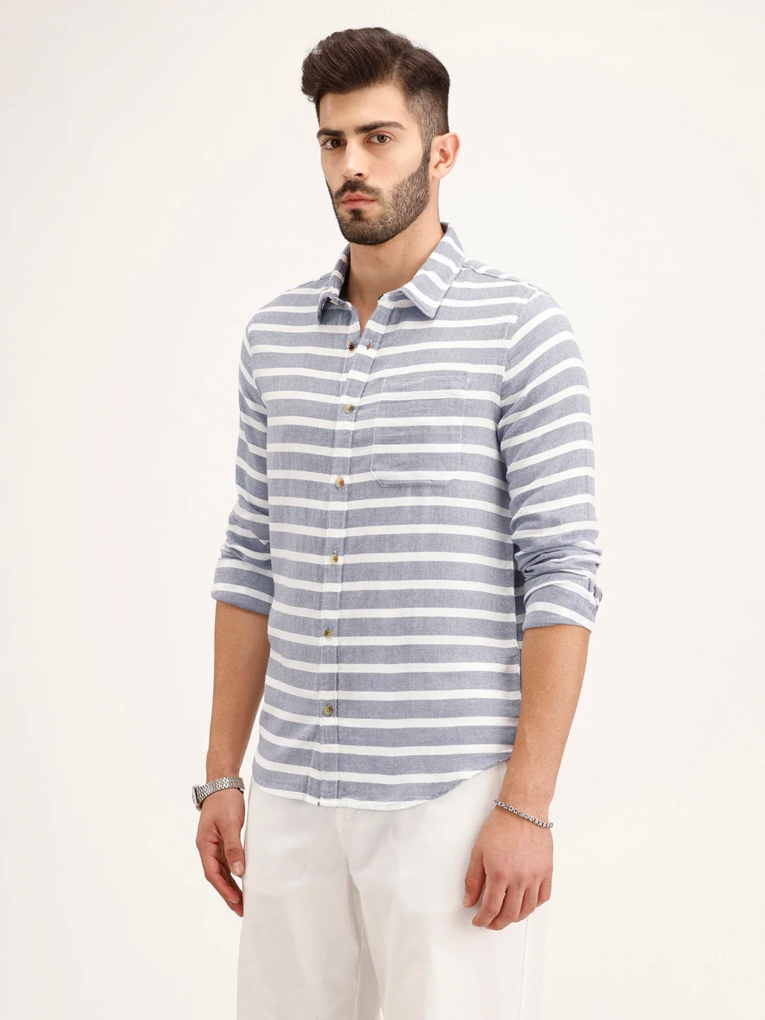 Regular Fit Striped 100% Cotton Shirt | Blue - Image 4