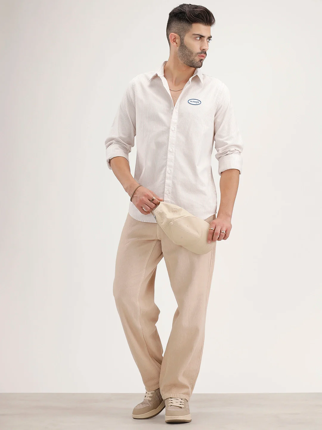 Regular Fit Striped Patch Detail Shirt | Beige - Image 2